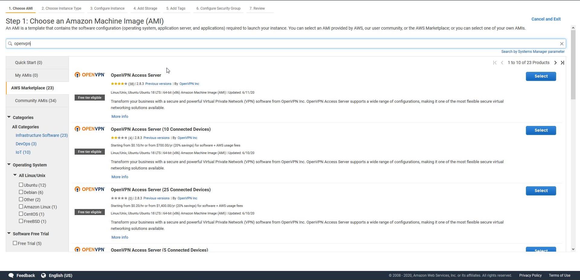 Search OpenVPN in AWS Marketplace