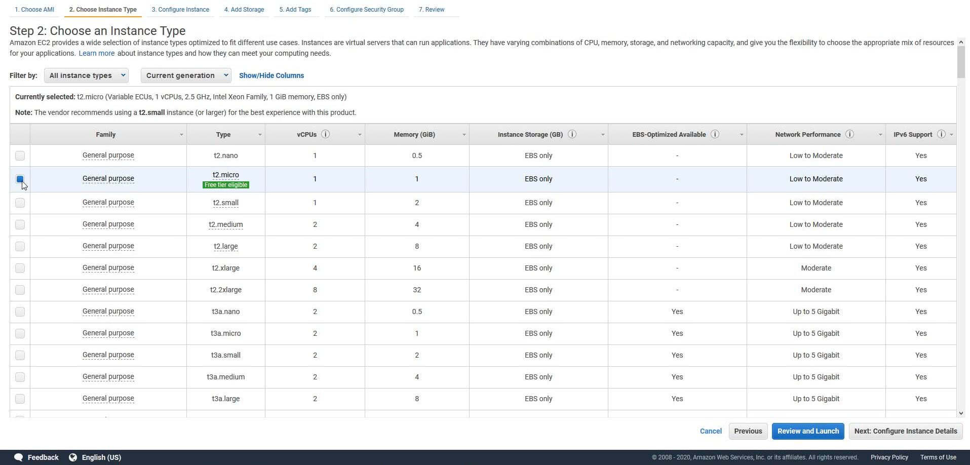 Select t2.micro instance type